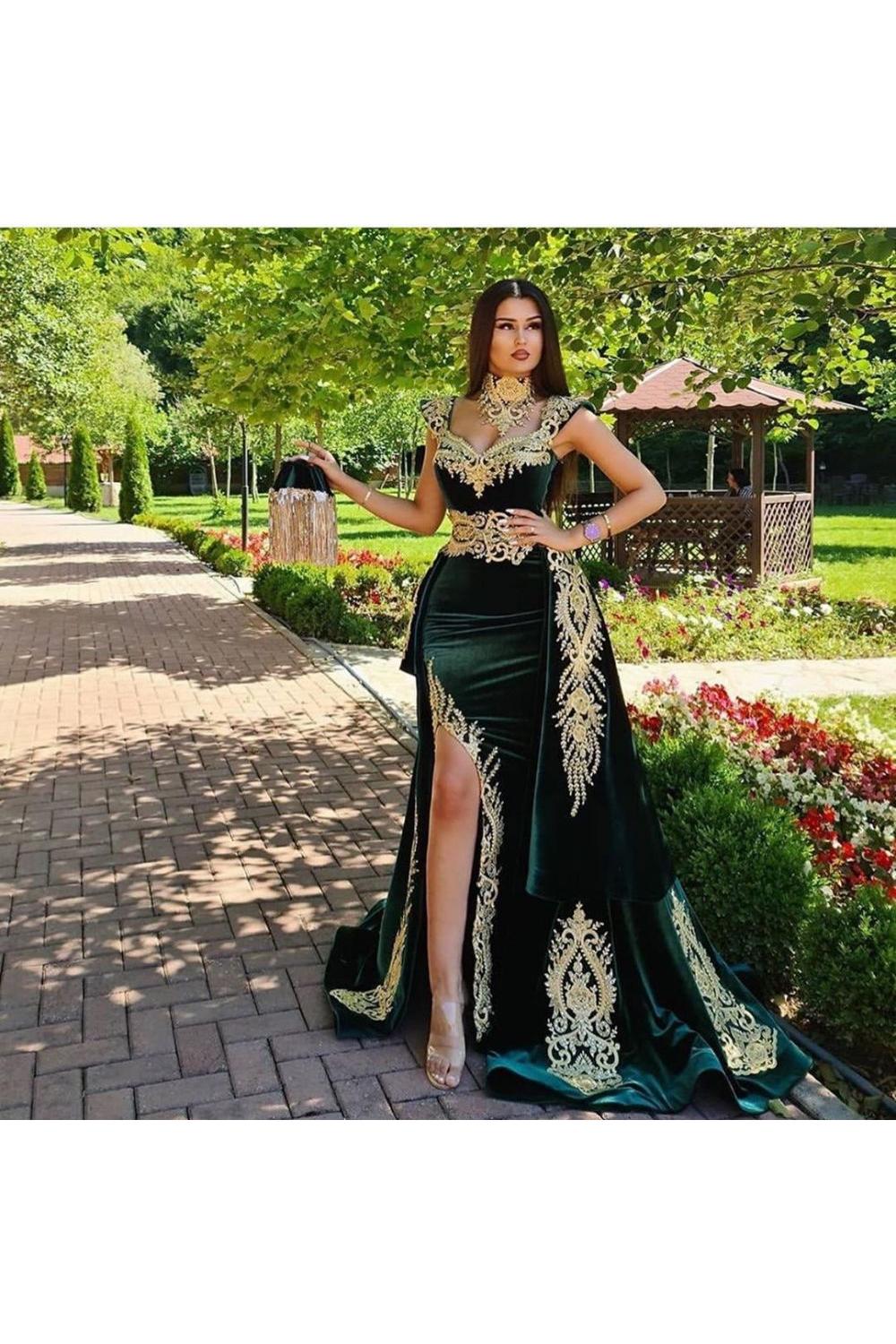 Dark Green Velvet Mermaid Evening Dress with Gold Lace appliques - Image 3
