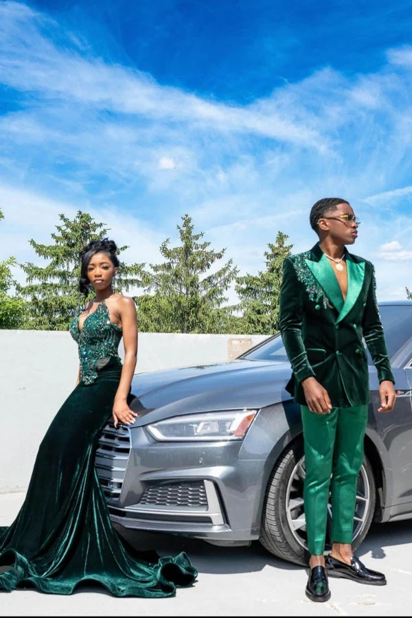 Dark Green Velvet Sweetheart Crystal Mermaid Prom Dresses - Image 2