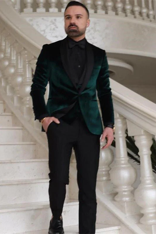 Dark Green Velvet Three Pieces Fashion Shawl Lapel Wedding Groom Suits - Image 2