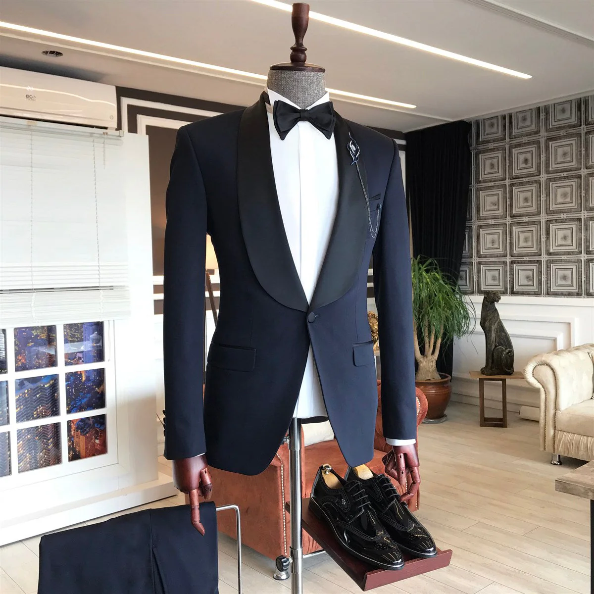 Dark Navy Fashion Shawl Lapel One Button Wedding Men Suits - Image 2