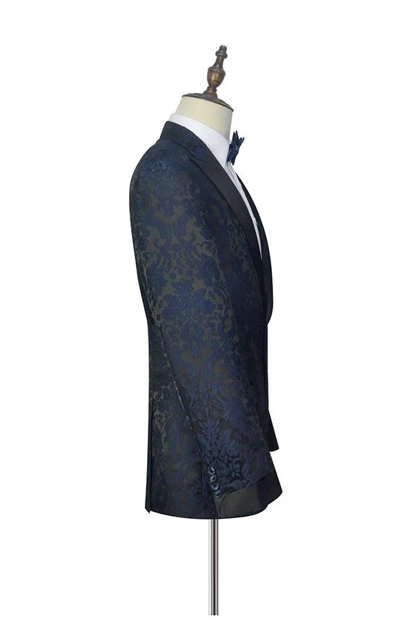 Dark Navy Jacquard Marriage Suits Black Silk Peak Lapel Mens Suits for Weddings - Image 2