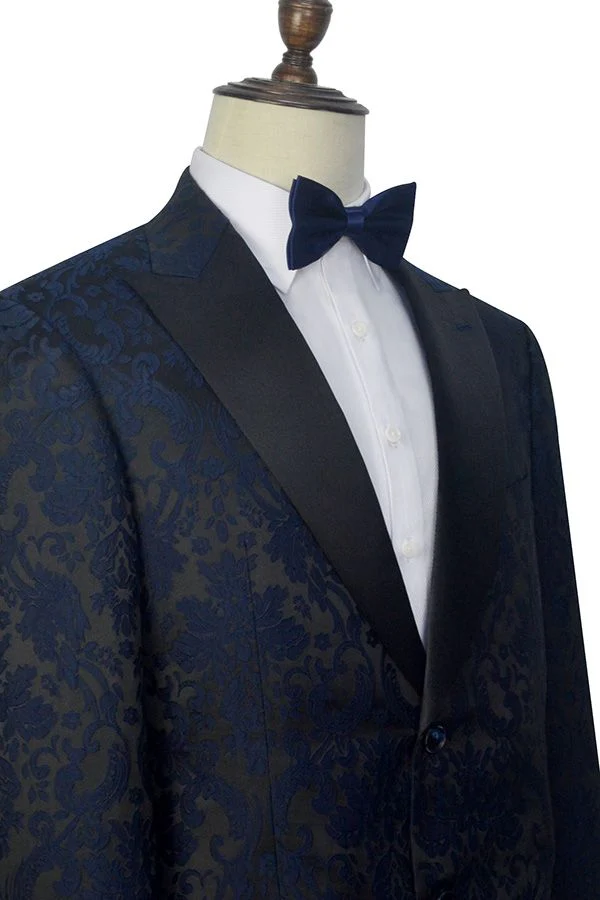 Dark Navy Jacquard Marriage Suits Black Silk Peak Lapel Mens Suits for Weddings - Image 4