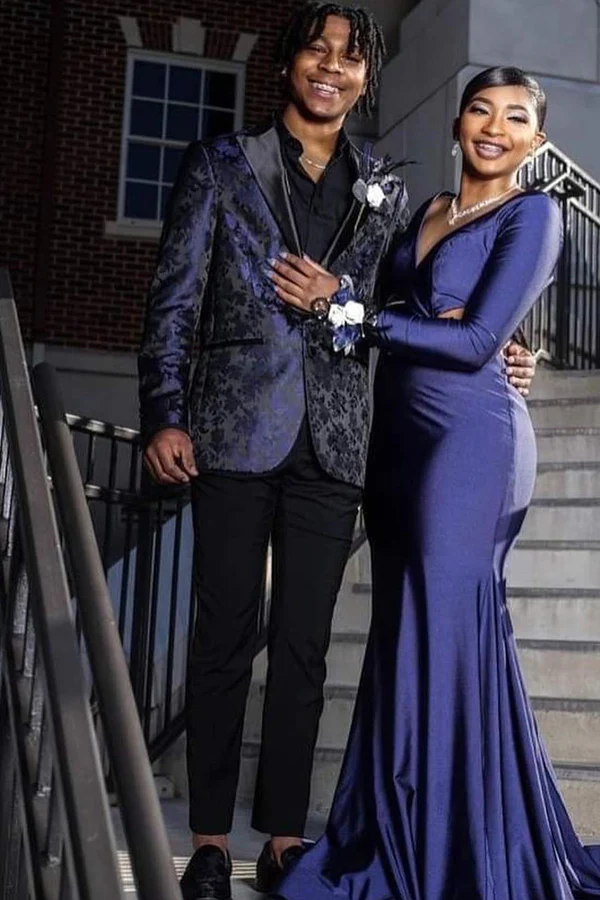 Dark Navy Jacquard Prom Suit with Black Peaked Lapel - Image 2