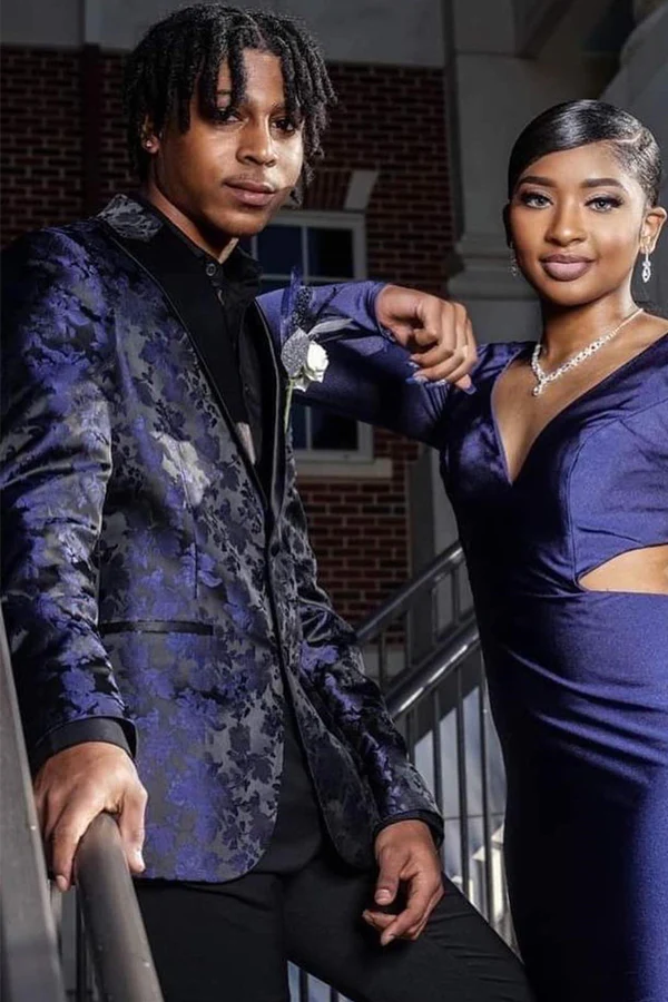 Dark Navy Jacquard Prom Suit with Black Peaked Lapel - Image 3