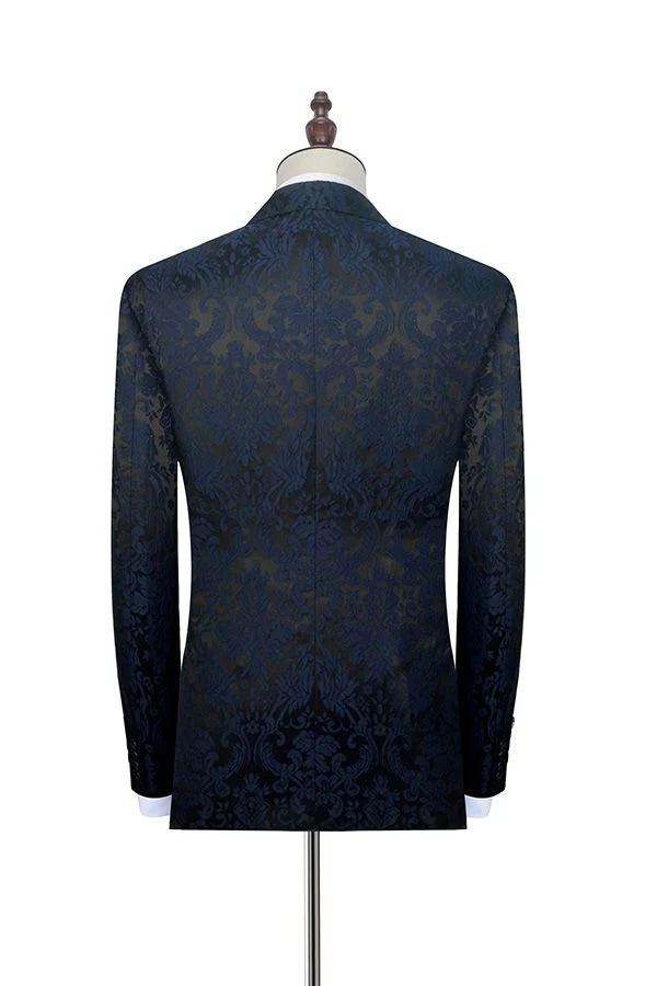 Dark Navy Jacquard Prom Suits Black Silk Peak Lapel Mens Suits for Weddings - Image 3
