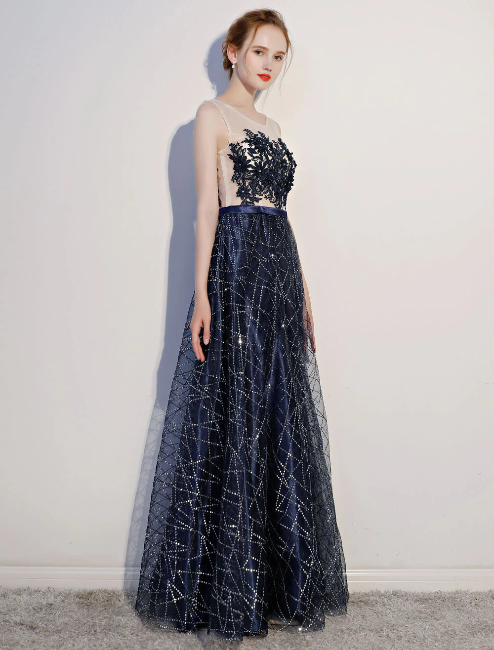 Amazing Dark Navy Evening Dresses Lace Sequin Illusion Sleeveless Floor Length Evening Dress - Image 2