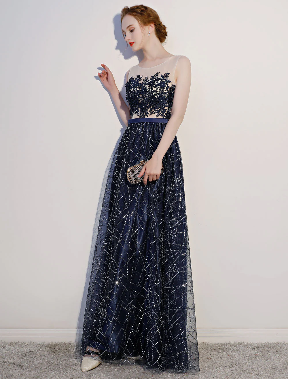 Amazing Dark Navy Evening Dresses Lace Sequin Illusion Sleeveless Floor Length Evening Dress - Image 3