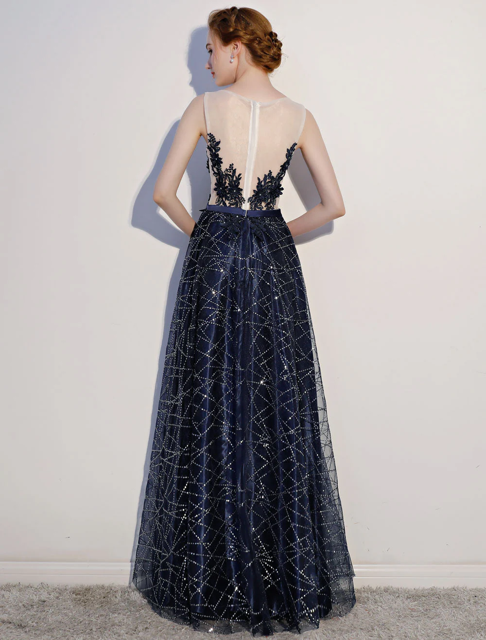 Amazing Dark Navy Evening Dresses Lace Sequin Illusion Sleeveless Floor Length Evening Dress - Image 4