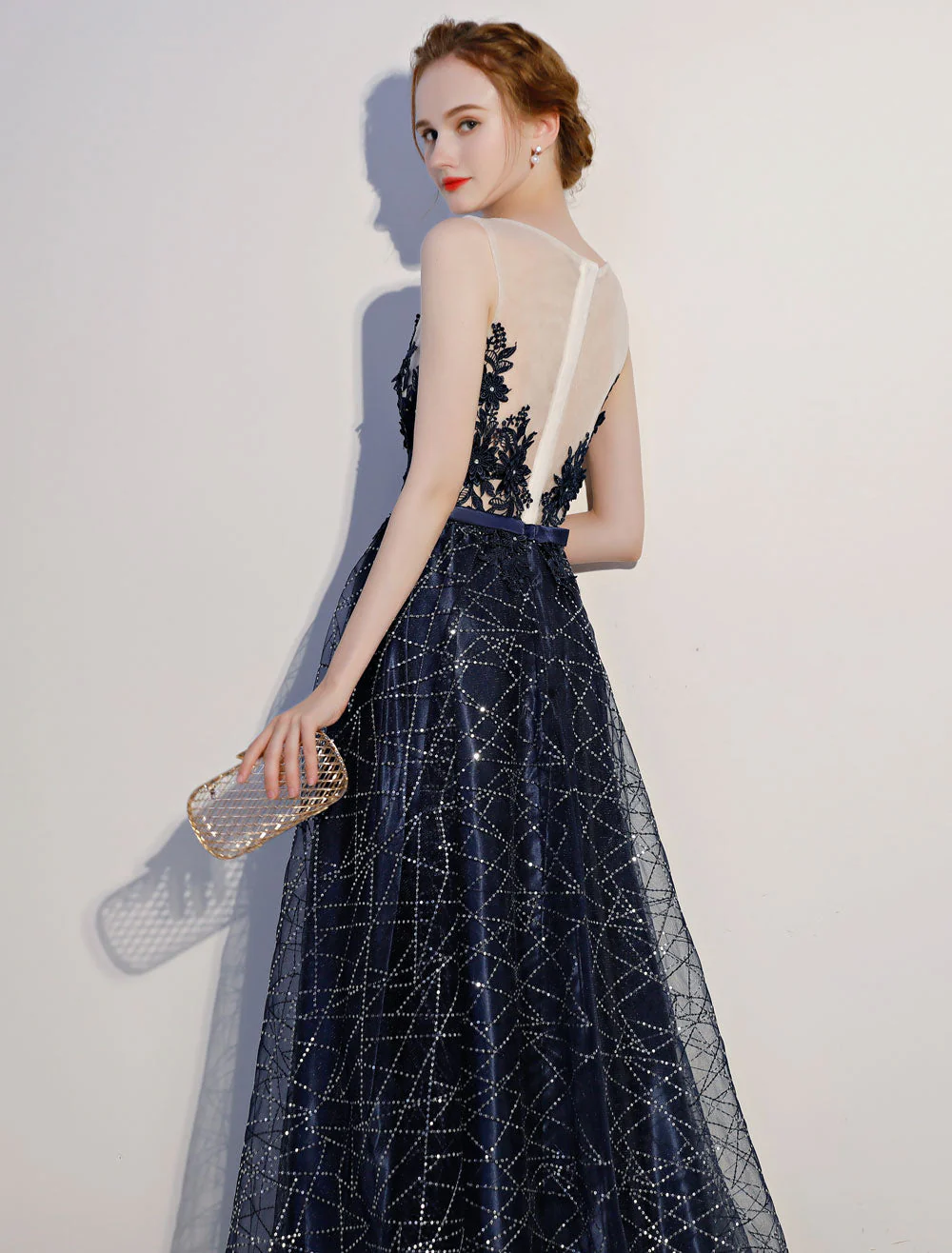 Amazing Dark Navy Evening Dresses Lace Sequin Illusion Sleeveless Floor Length Evening Dress - Image 5