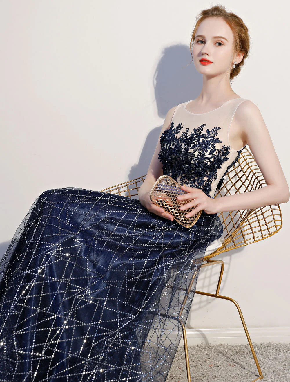 Amazing Dark Navy Evening Dresses Lace Sequin Illusion Sleeveless Floor Length Evening Dress - Image 6