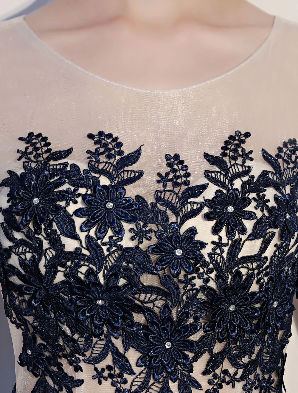 Amazing Dark Navy Evening Dresses Lace Sequin Illusion Sleeveless Floor Length Evening Dress - Image 7
