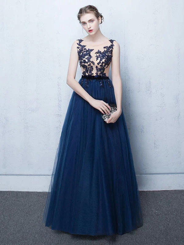 Stunning Dark Navy Evening Dresses Long Tulle Evening Dress Lace Illusion Floor Length Formal Dress - Image 2