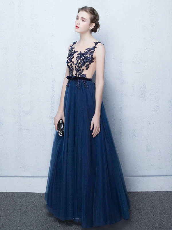 Stunning Dark Navy Evening Dresses Long Tulle Evening Dress Lace Illusion Floor Length Formal Dress - Image 3