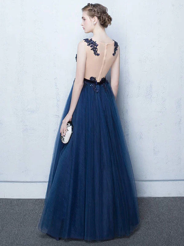 Stunning Dark Navy Evening Dresses Long Tulle Evening Dress Lace Illusion Floor Length Formal Dress - Image 4