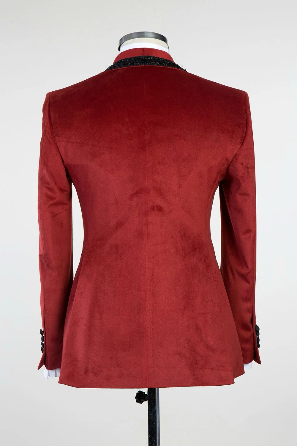 Dark Red Velvet Knitted Button Prom Suit with Black Chains - Image 2