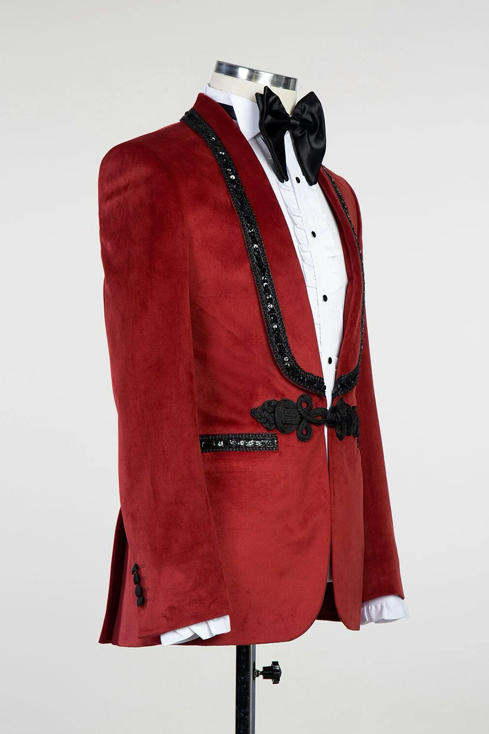 Dark Red Velvet Knitted Button Prom Suit with Black Chains - Image 3