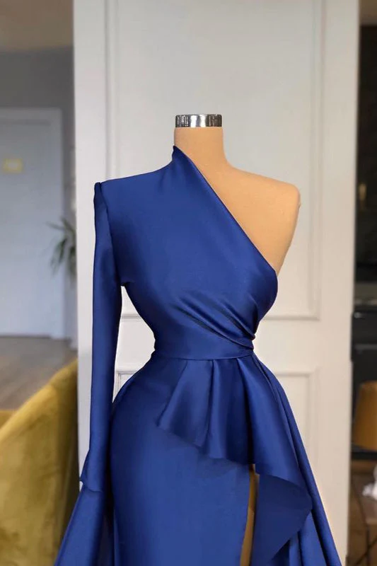 Dark Royal Blue One shoulder Ruffles Side-cut Overskirt Prom Dress - Image 2