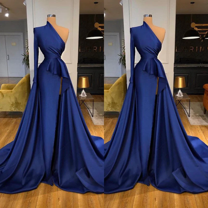 Dark Royal Blue One shoulder Ruffles Side-cut Overskirt Prom Dress - Image 3