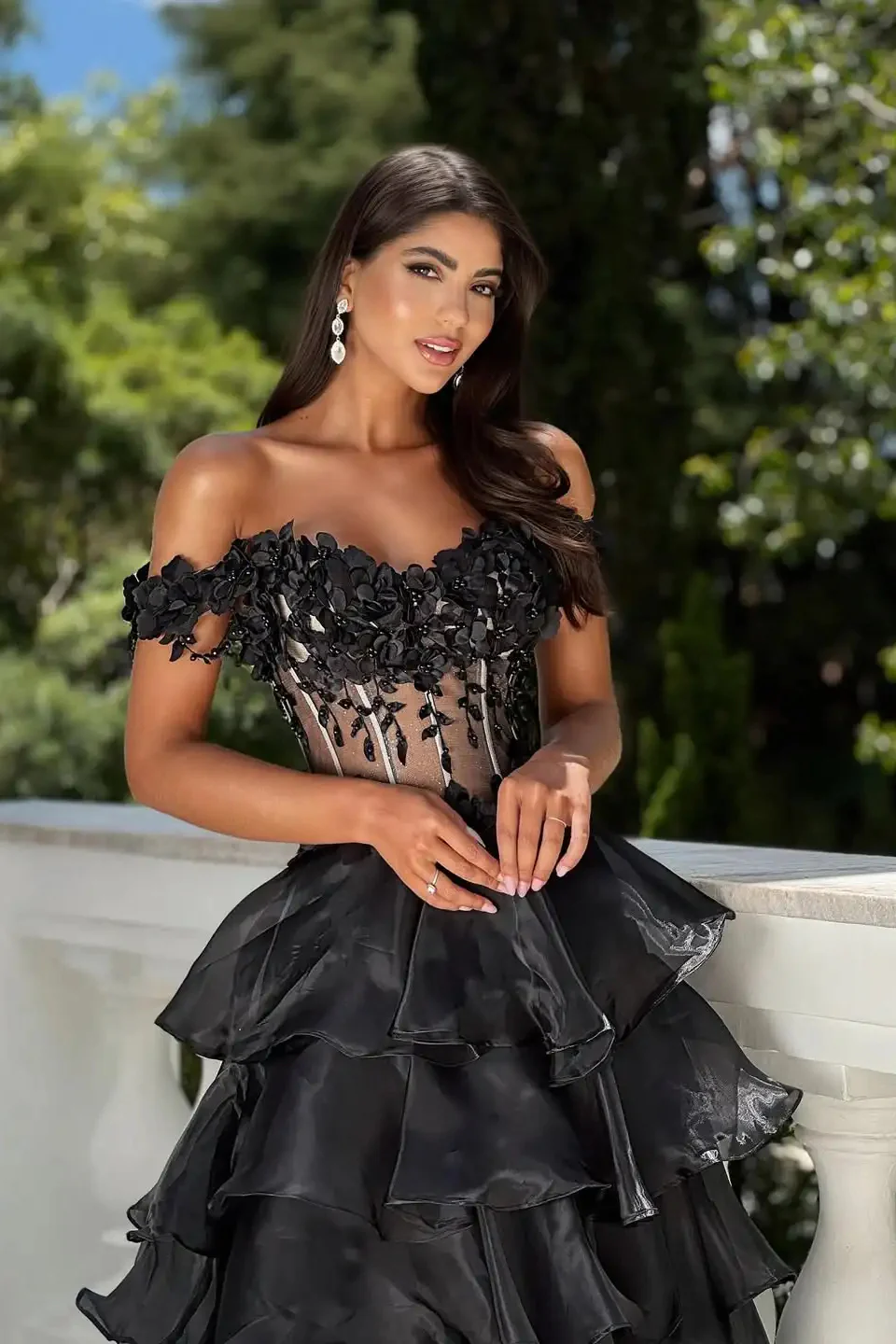 Dazzling Black Off-The-Shoulder A-Line Organza Prom Dress High Split Beads With Lace-Up Back - Image 3