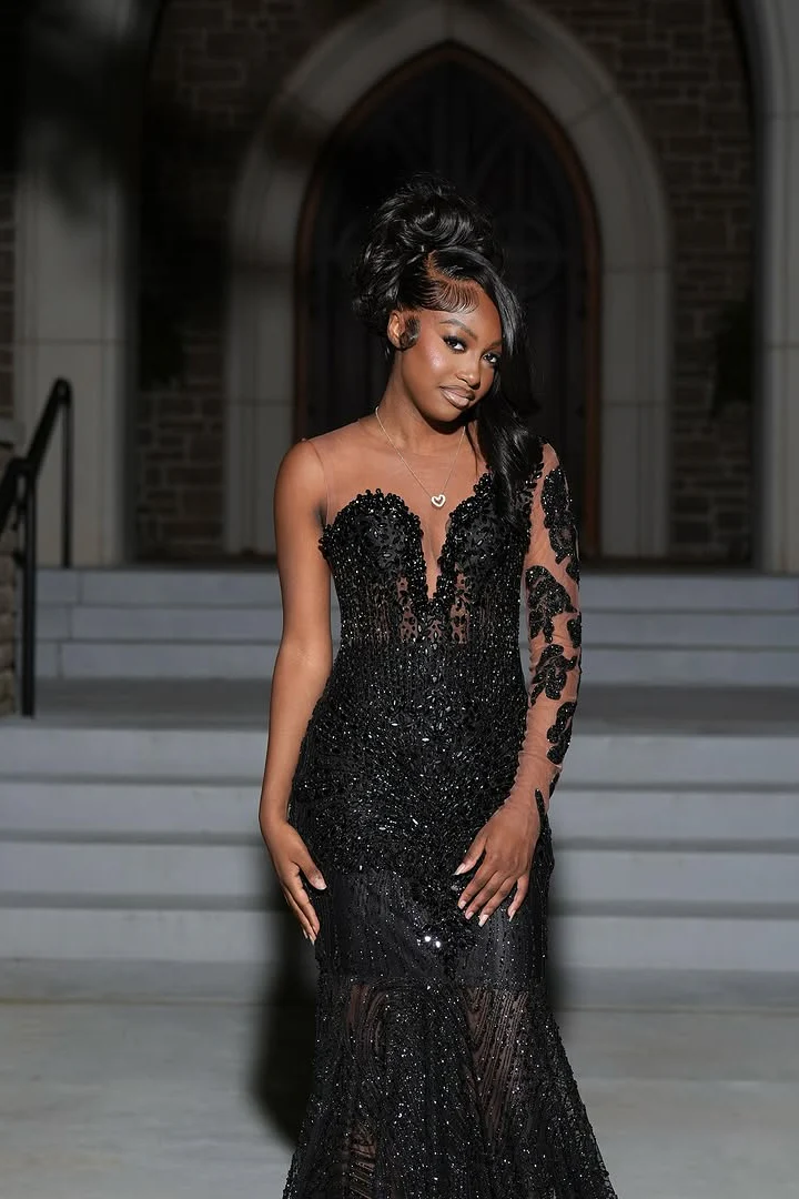Dazzling Black V-Neck One Shoulder Long Sleeves Prom Dresses Gem Beads With Zipper Lace-Up Back - Image 5