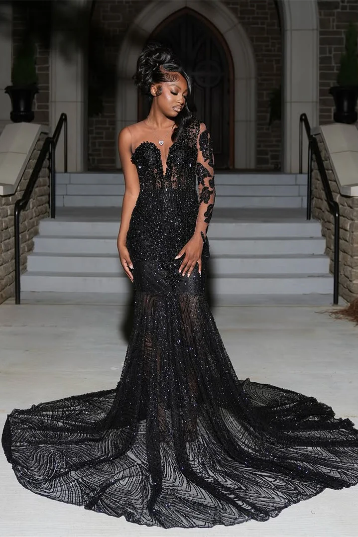 Dazzling Black V-Neck One Shoulder Long Sleeves Prom Dresses Gem Beads With Zipper Lace-Up Back - Image 7