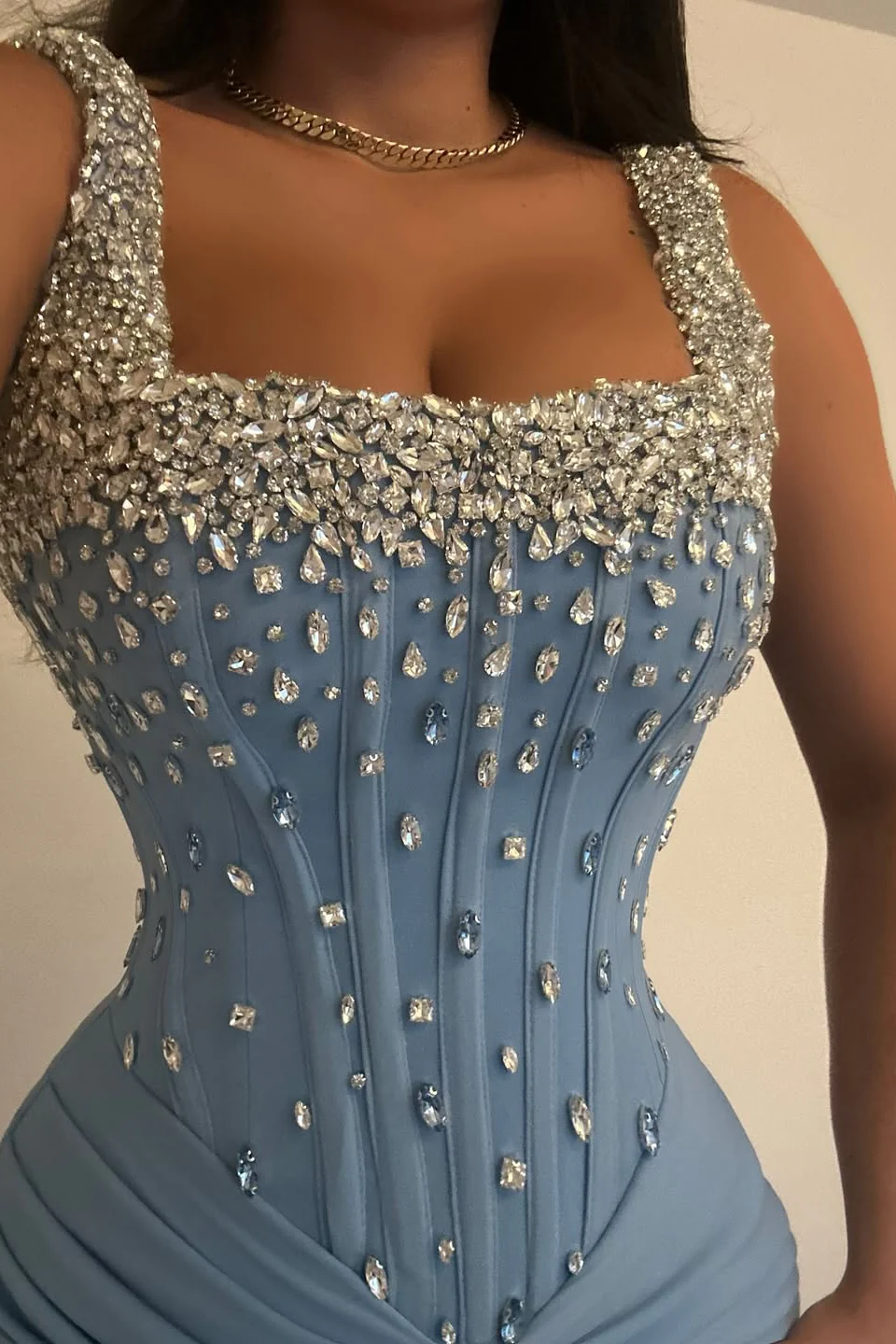 Dazzling Blue Square Straps Sleeveless Satin Prom Dresses Mermaid Sheath With Gem - Image 2