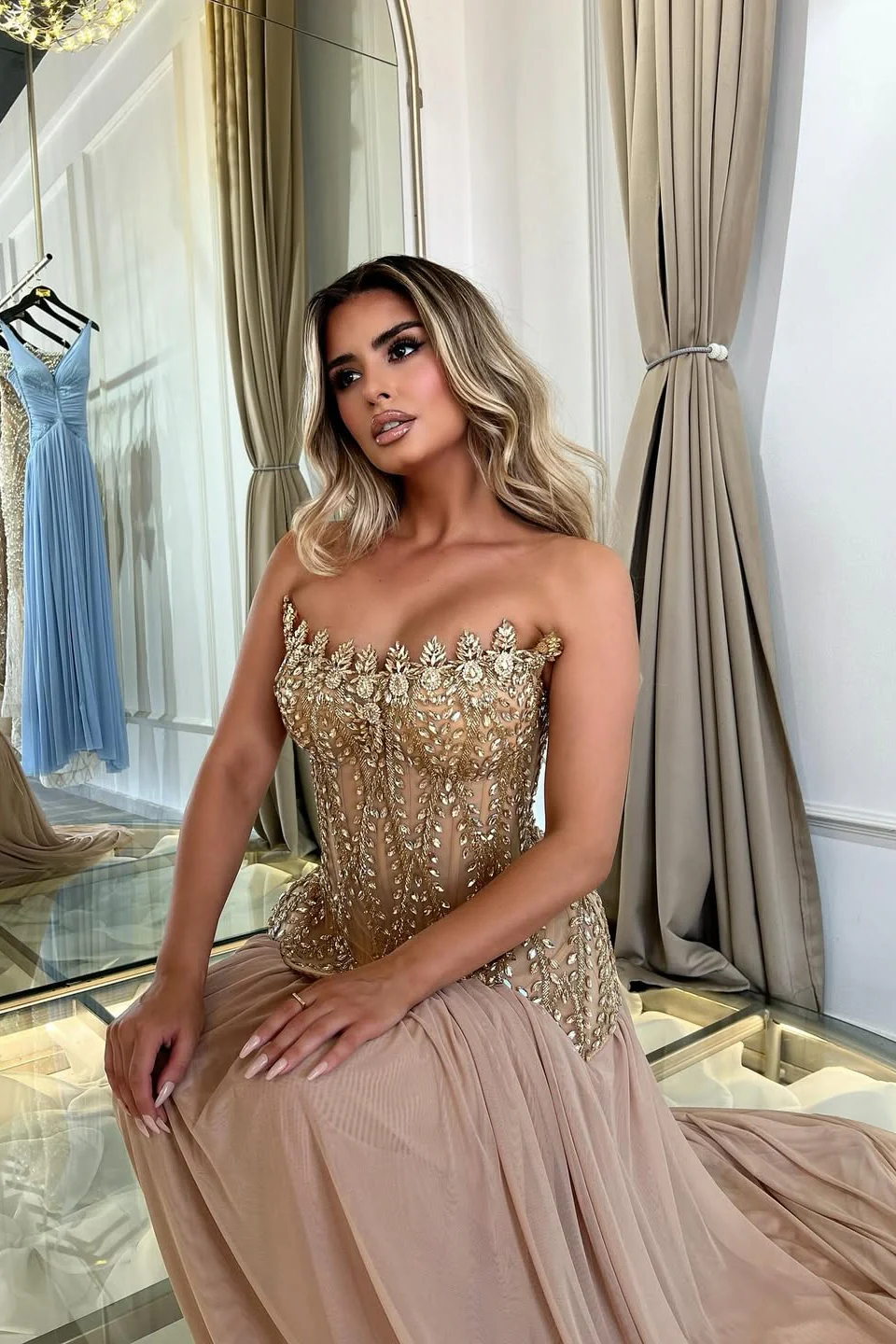 Dazzling Dusty Rose Strapless Sleeveless Chiffon Prom Dress A-Line Gem On Sale - Image 2