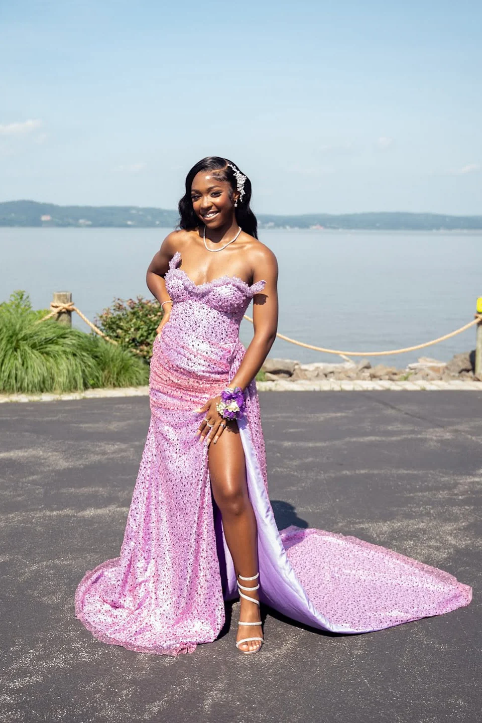 Dazzling Lilac Sweetheart Strapless Sleeveless Sequins Prom Dresses Mermaid Beads With High Split - Image 3
