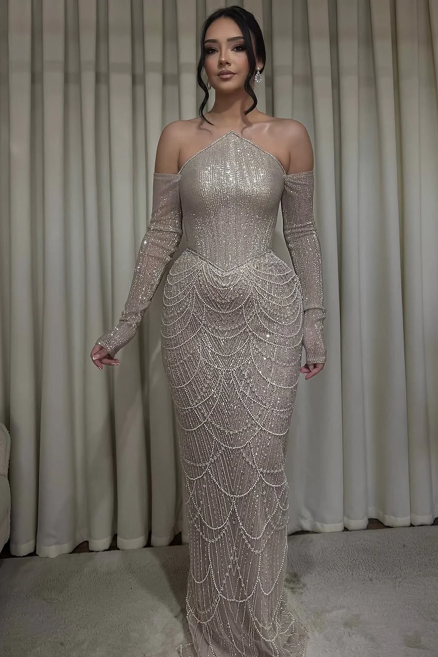 Dazzling Off-The-Shoulder Long Sleeves Mermaid Prom Dresses Beads With Pearls - Image 3