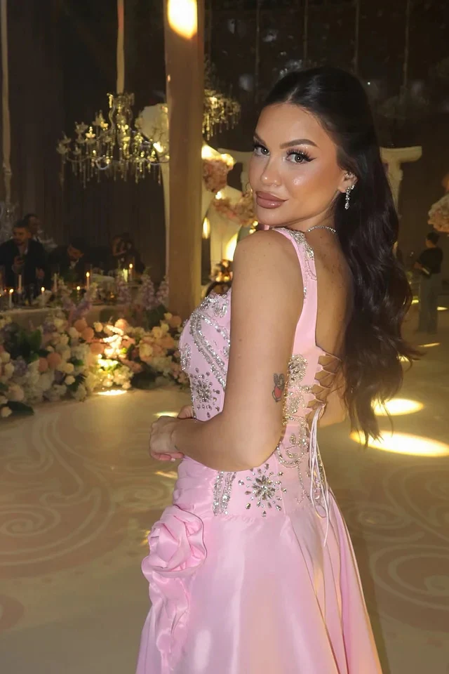 Dazzling Pink Sweetheart Straps Sleeveless Satin Prom Dress High Split With Lace-Up Back - Image 2