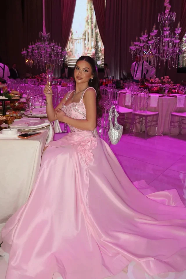 Dazzling Pink Sweetheart Straps Sleeveless Satin Prom Dress High Split With Lace-Up Back - Image 3