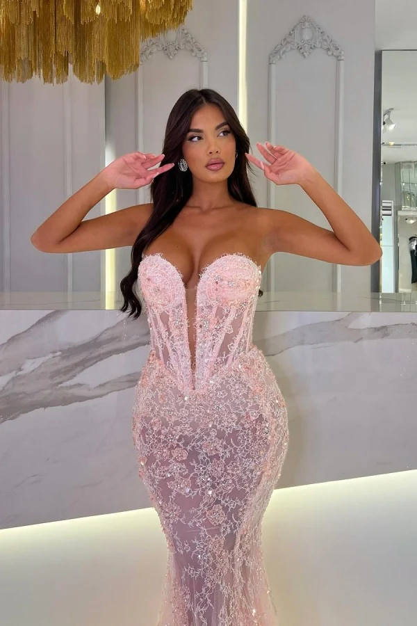 Dazzling Pink V-Neck Strapless Sleeveless Lace Prom Dresses Mermaid Sheath With Beads - Image 2