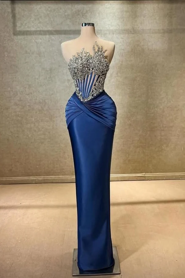 Dazzling Royal Blue Strapless Sleeveless Mermaid Prom Dresses Column Gem With Beads - Image 2