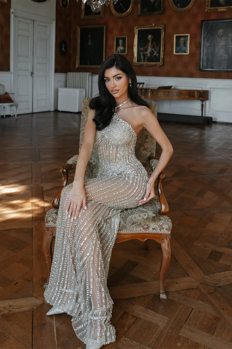 Dazzling Silver Halter Sleeveless Mermaid Prom Dresses Gem With Lace-Up Back - Image 5