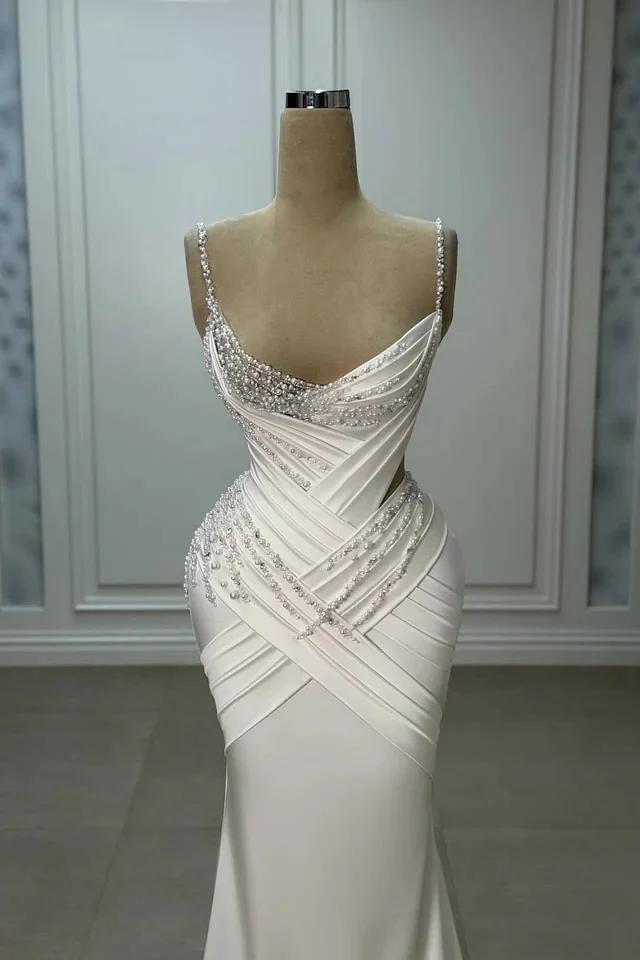 Dazzling Spaghetti-Straps Sleeveless V-Neck Satin Prom Dress Mermaid Sheath With Pearls - Image 2