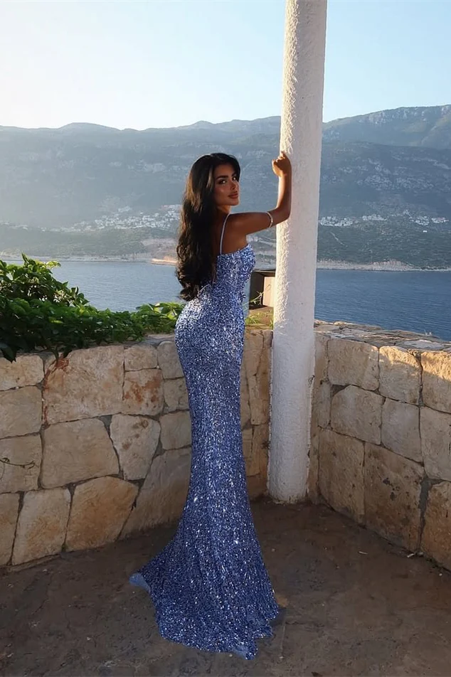 Dazzling Steel Blue Spaghetti-Strap Sequins Prom Dresses Mermaid Sleeveless Side Slit Online - Image 2
