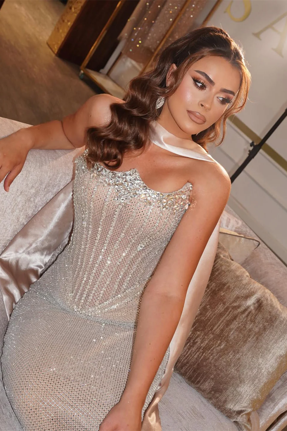 Dazzling Strapless Sleeveless Prom Dresses Mermaid Long Sheath With Gem - Image 3