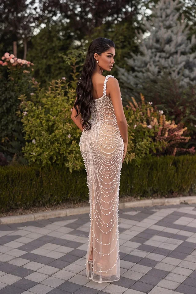 Dazzling Straps Sleeveless Mermaid Prom Dresses Column Pearls With Lace-Up Back - Image 2