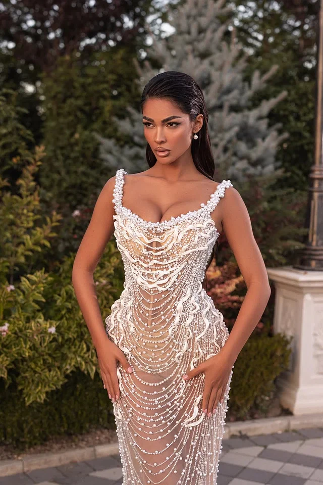 Dazzling Straps Sleeveless Mermaid Prom Dresses Column Pearls With Lace-Up Back - Image 3