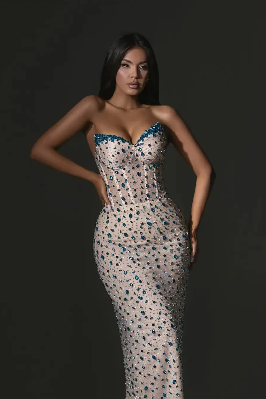 Dazzling Sweetheart Strapless Sleeveless Mermaid Prom Dress V-Neck Gem With Lace-Up Back - Image 3