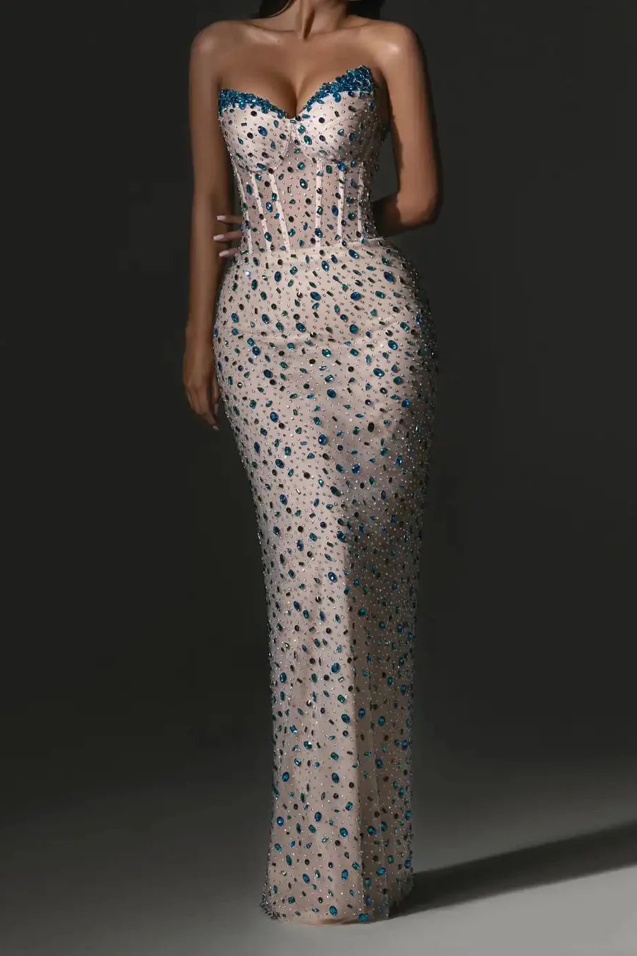 Dazzling Sweetheart Strapless Sleeveless Mermaid Prom Dress V-Neck Gem With Lace-Up Back - Image 4