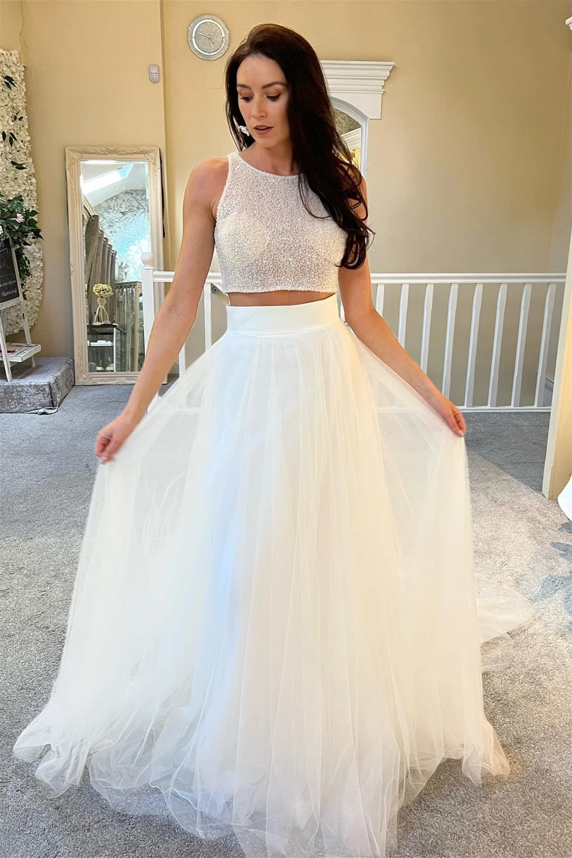 Dazzling Tulle Sleeveless A-Line Wedding Dresses Two Pieces Long With Sequins - Image 3