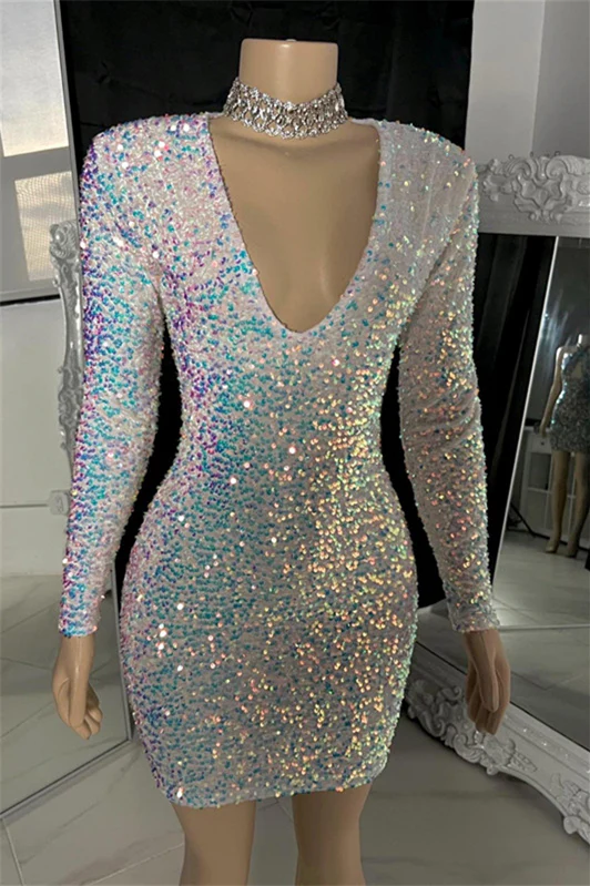 Dazzling V-Neck Long Sleeveless Mini Sequins Prom Dresses Sheath On Sale - Image 2