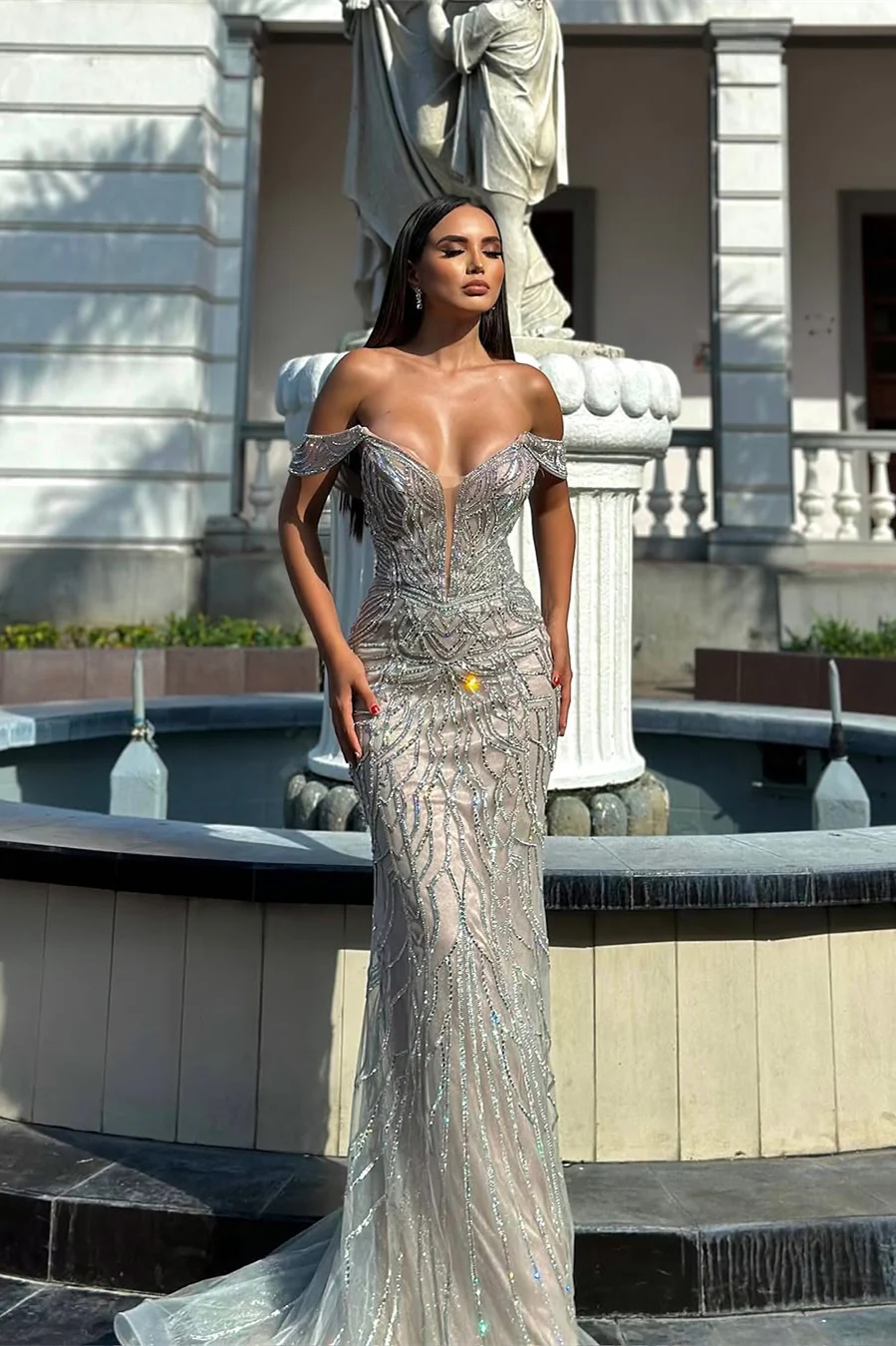 Dazzling V-Neck Off-The-Shoulder Mermaid Prom Dresses Column Long With Gem - Image 6