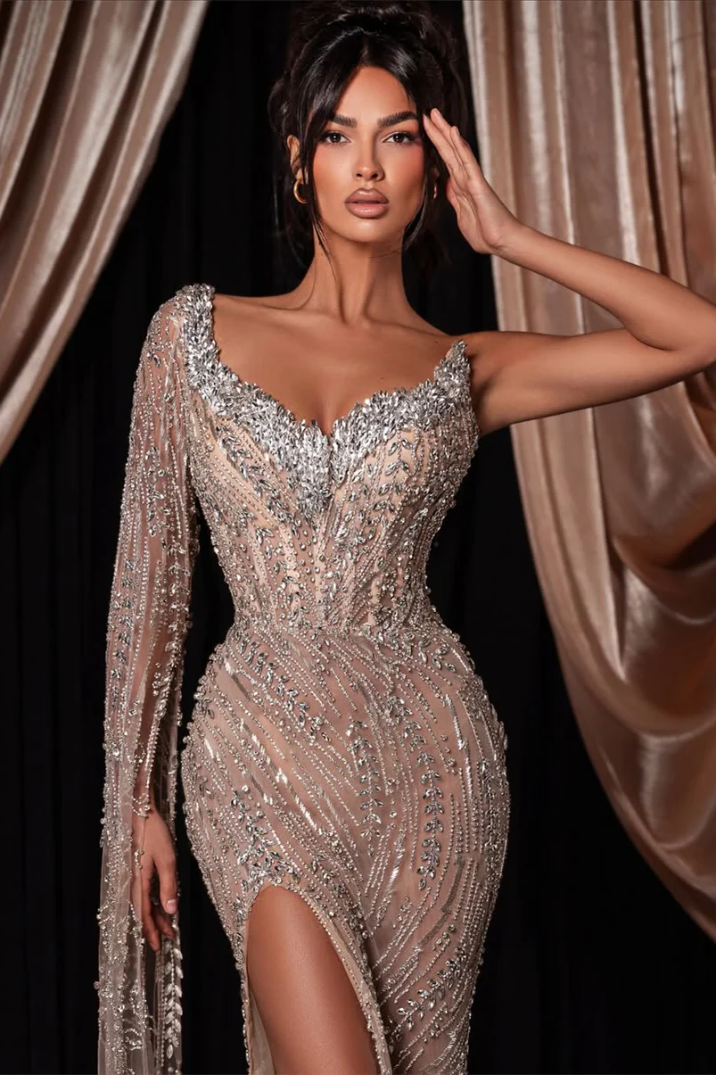 Dazzling V-Neck One Shoulder Mermaid Prom Dresses Sheath Gem With High Split - Image 3