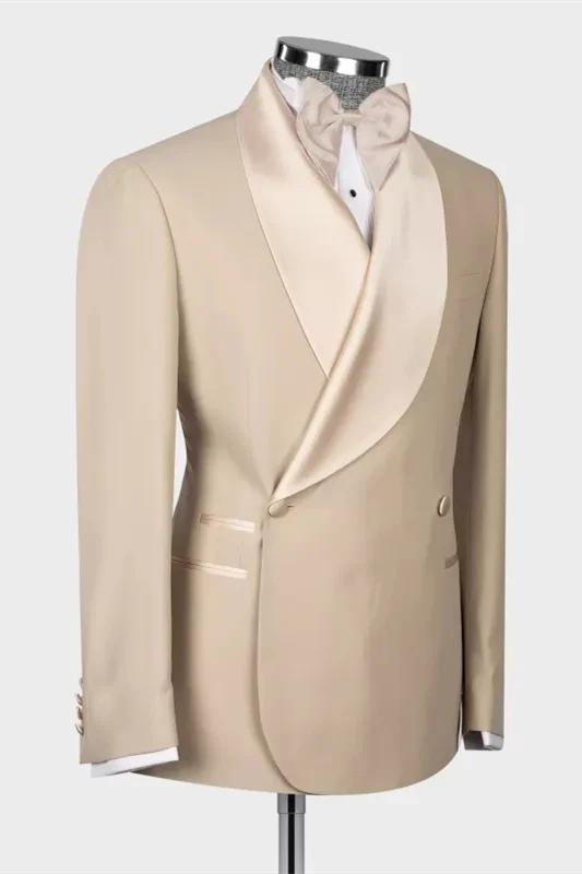 Decent Khaki Shawl Lapel Double-Breasted Wedding Suit - Image 3