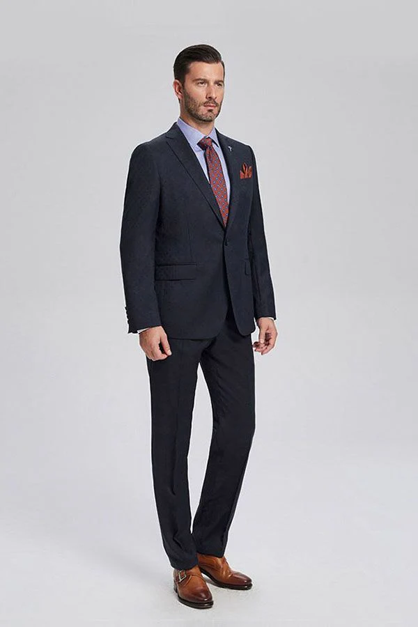 Decent Navy Blue Jacquard Mens Suits for Business - Image 2