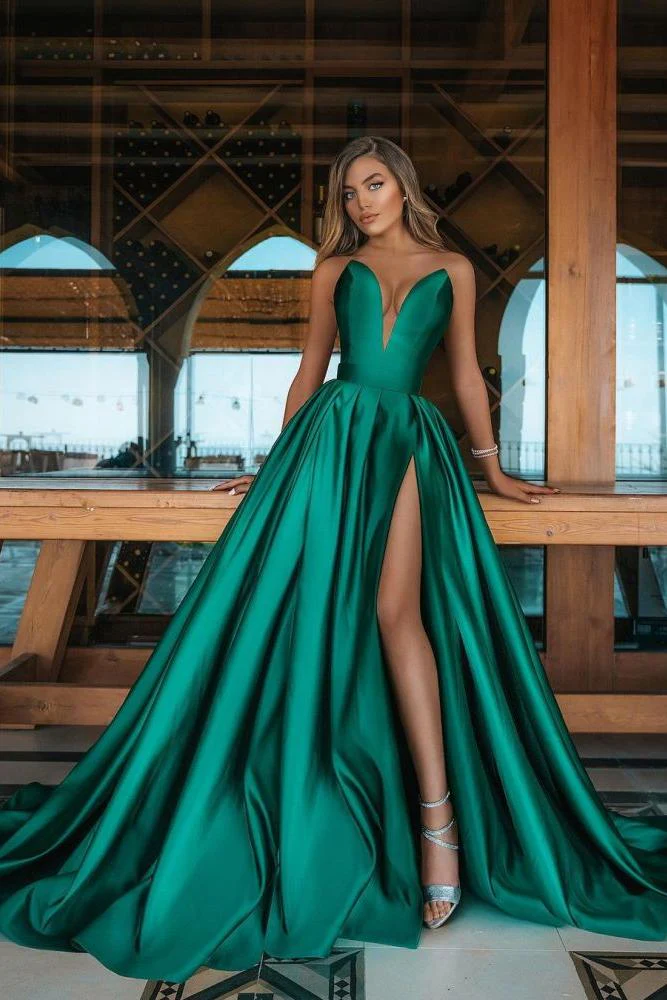 Deep Double V-neck Evening Maxi Dress Satin Front Split Party Gowns - Image 2