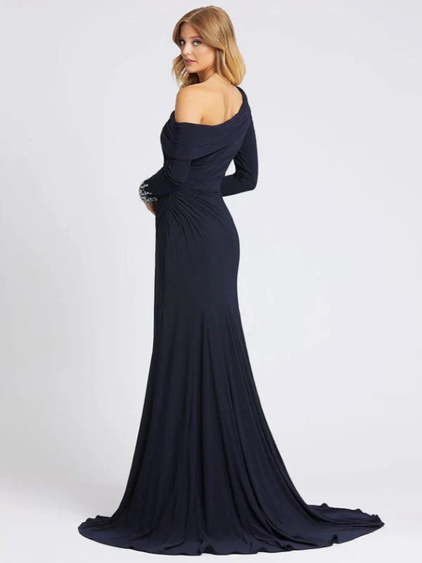 Gorgeous Deep Navy Evening Dress One-Shoulder With Train Long Sleeves Criss-Cross Lycra Spandex Sheath Social Party Dresses - Image 2