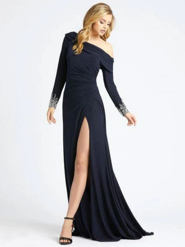 Gorgeous Deep Navy Evening Dress One-Shoulder With Train Long Sleeves Criss-Cross Lycra Spandex Sheath Social Party Dresses - Image 4